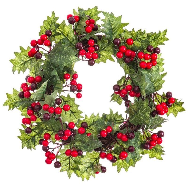 

Corona de Navidad con acebo y hojas verdes de plástico de 40x40x10 cm