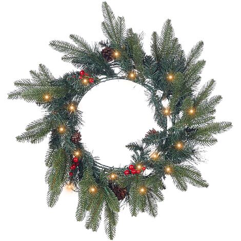 Corona de navidad con piñas sintéticas y bayas para puerta con luces LED 50 cm verde Whitehorn