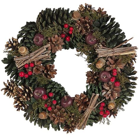 Corona de Navidad verde material sintético conos de pino de madera diseño tradicional redondo 35 cm Nurmes