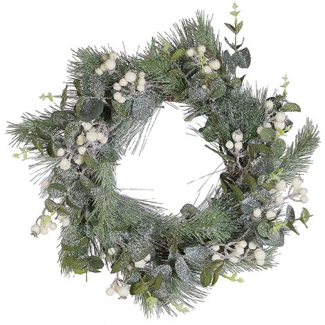 Corona de Navidad verde material sintético madera natural nieve artificial diseño tradicional redondo 54 cm Jurmu