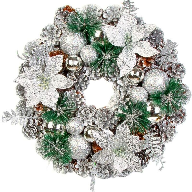 

Corona de puerta de Navidad Corona de feliz Navidad para decoración de puerta principal Decoración de corona de cono de pino artificial (Plata, 40 cm)