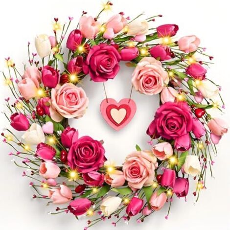 Corona de tulipanes artificiales en forma de corazón, corona para San Valentín, con emblema en forma de corazón, 55 cm (luz no incluida).