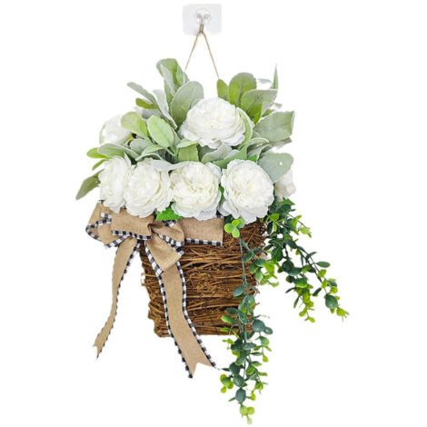 [Corona decorativa] Cesta de flores artificiales con forma de oreja de oveja, pétalos de peonía blanca, 35 cm x 25 cm, colgador de puerta con resorte.