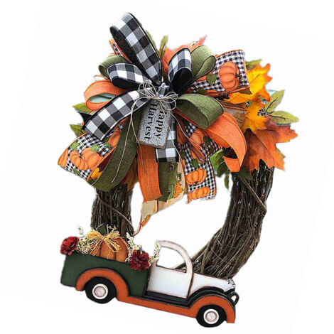 Corona decorativa de otoño con camión de calabaza para la puerta principal – estilo campestre [1 x corona con camión de calabaza, material de alta calidad, rústico]
