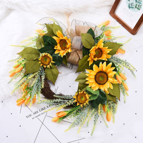 Corona decorativa hecha de flores solares artificiales, tela de ratán, multicolor, 55 cm, 320 g