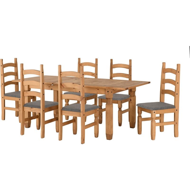 Corona Extending Dining Set with 6 Chairs Waxed Pine Grey Fabric Seats