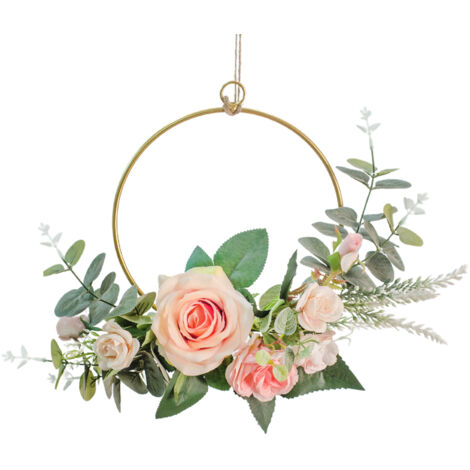 Corona floral para pared  Adorno decorativo  Rosas y hojas artificiales sobre base de metal dorado  Tamaños: Redonda 19,5 × 21,5 cm, Cuadrada 20 × 22 cm, Triangular 19,5 × 19,5 cm  120 g  1 corona