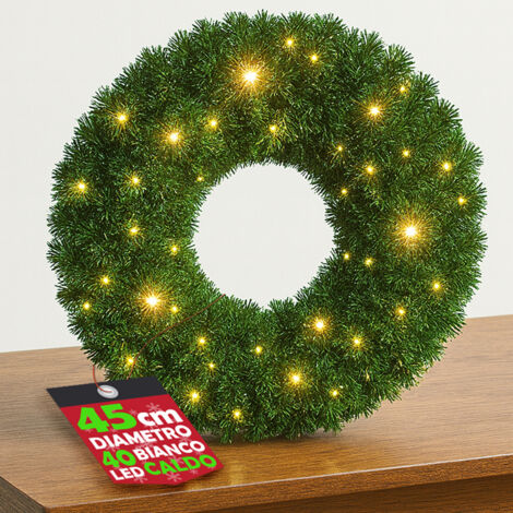 Corona Ghirlanda Natalizia Verde 45 cm con 40 Led Bianco Caldo Addobbo Natalizio