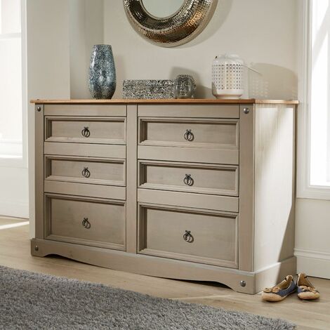 Corona Grey Chest of Drawers Pine 6 Drawer Solid Pine Mexican Wooden Sideboard