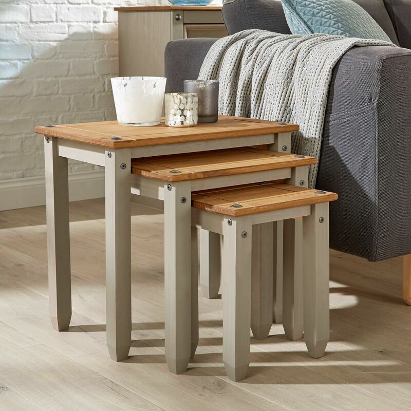 Corona Grey Pine Nest of Tables Set of 3 Occasional Coffee Side Table Mexican