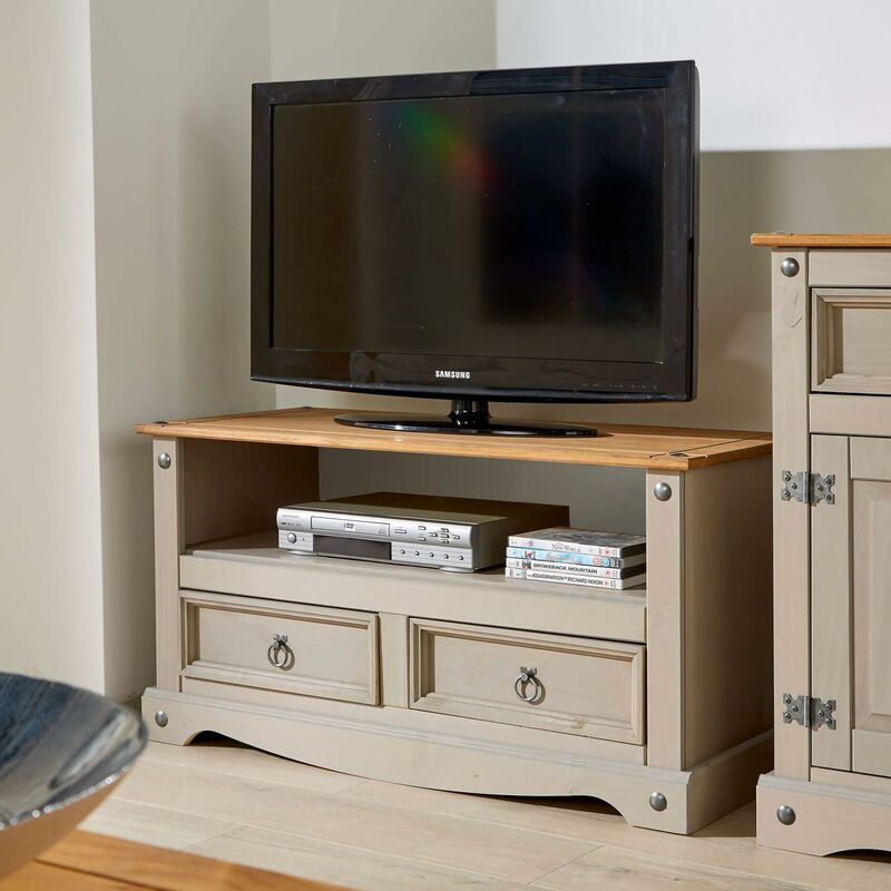 Corona - Grey Two Tone TV Stand 2 Drawer Televsion Cabinet Solid Wood Pine Unit