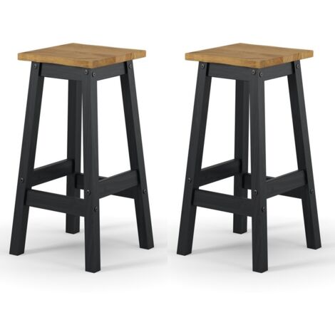 Corona Live Edge High Breakfast Stools (Set of 2) - Pine - L33.5 x W33.5 x H72 cm - Black/Antique Waxed Pine - Flat Packed