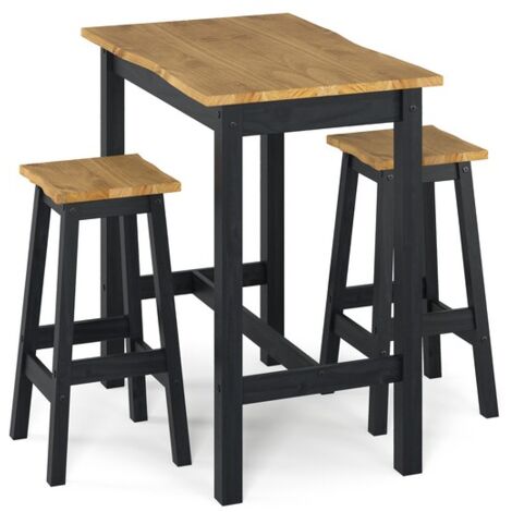 Corona Live Edge Large Rectangular High Breakfast Bar Table and Pair Bar Stool Set - Pine - Black/Antique Waxed Pine - Flat Packed