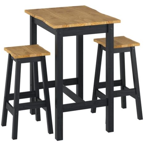 Corona Live Edge Small Rectangular High Breakfast Bar Table and Pair Bar Stool Set - Pine - Black/Antique Waxed Pine - Flat Packed