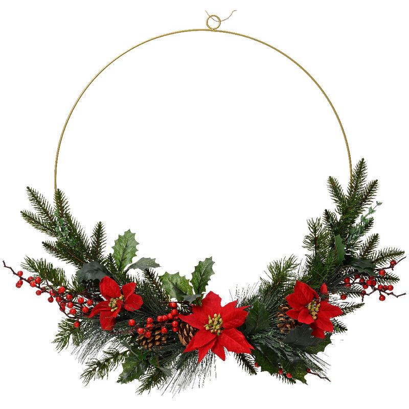 Image of Iperbriko - Corona natalizia classica con pigne stelle di Natale e bacche per interni h 10 x ø 60 cm