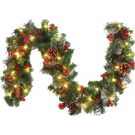 Corona navideña artificial de 2,74 metros (9 pies) de alto, preiluminada con 50 LED, decorada con piñas y frutos rojos, funciona con pilas, ideal para decorar chimeneas, escaleras y puertas durante la