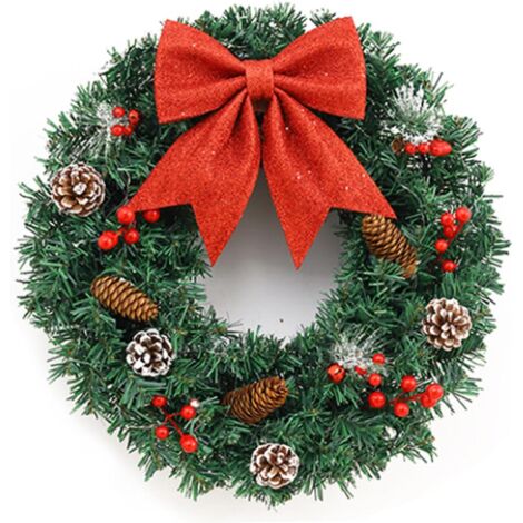 Corona navideña artificial realista de 40 cm con luces, lazo y bayas rojas, ideal para colgar en la puerta de entrada, ventana, fiestas o reuniones familiares. No requiere pilas.