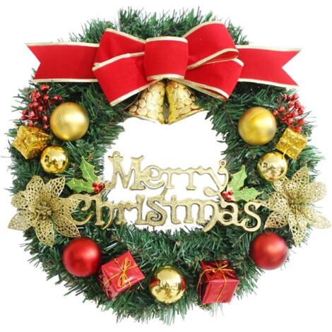 Corona navideña de 30 cm, decoración para puerta con cinta, campanillas, bolas doradas/rojas y mensaje "Feliz Navidad" - Decoración festiva para puerta, pared, chimenea