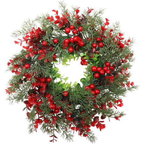Corona navideña de 35 cm con frutos rojos, guirnalda de hojas artificiales, para decoración de interiores y exteriores, corona para la puerta de entrada.