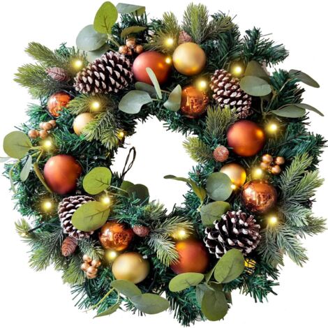 Corona navideña iluminada de 45 cm para puerta de entrada con adornos de cobre dorado, fácil de decorar.