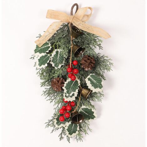 Corona navideña para puerta principal, corona navideña para puerta - adornos de campana navideña, coronas invernales en forma de lágrima, decoración de lazo con racimo de bayas rojas, 40 cm/15,7 pulga