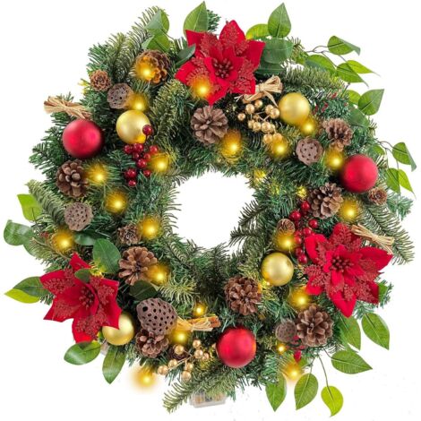 Corona navideña preiluminada de 45 cm para puerta de entrada. Lujosa corona navideña dorada y roja para puerta con adornos de bolas, flores de Pascua, bayas y loto.