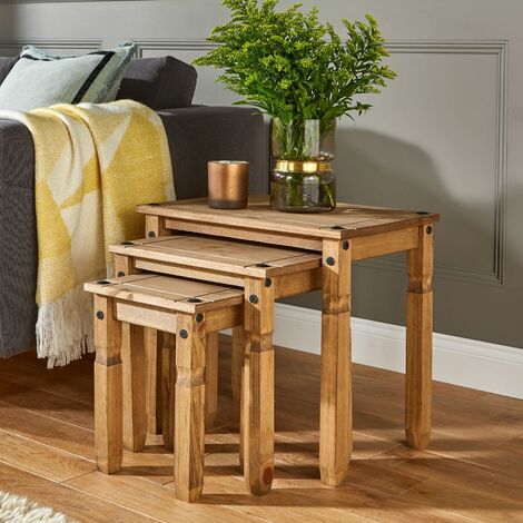 HOME SOURCE Corona Nest of Tables set of 3 Pine Solid Wood Occasional Coffee Tables