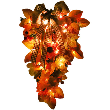 Corona otoñal para puerta con iluminación LED – Corona de flores artificiales con girasoles y hojas de arce para decoración del hogar – 50 x 33 cm