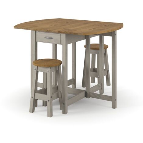 Corona Oval Breakfast Drop Leaf Gateleg Table and 2 Stool Set - Pine - Grey/Antique Waxed Pine - Flat Packed