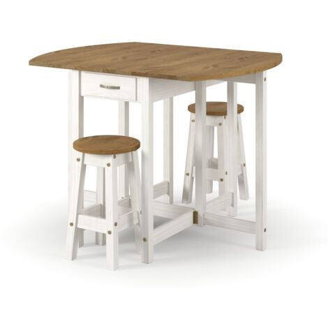Corona Oval Breakfast Drop Leaf Gateleg Table and 2 Stool Set - Pine - White/Antique Waxed Pine - Flat Packed