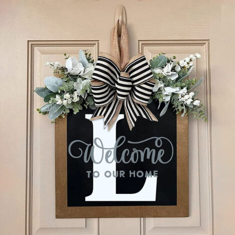Corona para puerta con carta personalizada y guirnalda artificial - Decoración rústica para todo el año - Madera multicolor de alta calidad (conjunto completo con cuerda)