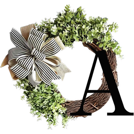 Corona para puerta con la letra A y cinta – Corona decorativa para el hogar, 36 cm, verde – madera y plástico – Idea de regalo