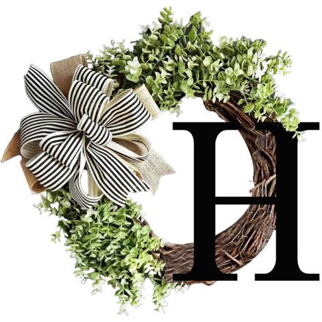 Corona para puerta con letra H de madera, decorada con una cinta – Borde verde – Base de vid – 36 cm – Regalo elegante
