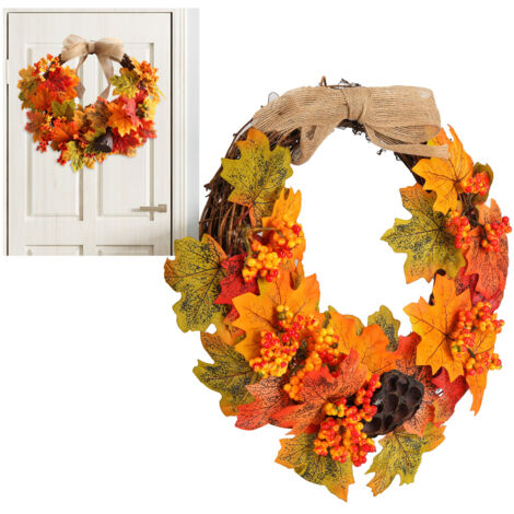 [Corona para puerta] Corona otoñal, hoja de arce artificial, decoración para el hogar, decoración para fiestas hecha de ratán y plástico (36x34cm)