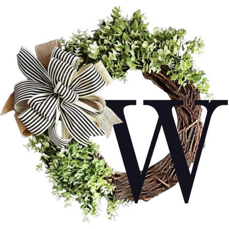 [Corona para puerta] Letra W hecha de madera y plástico verde, cordón de 36 cm de largo para decorar patio y jardín.