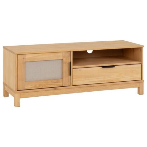 Corona Rattan 1 Door 1 Drawer TV Unit - L40 x W120 x H45 cm - Distressed Wax Pine/Rattan Effect
