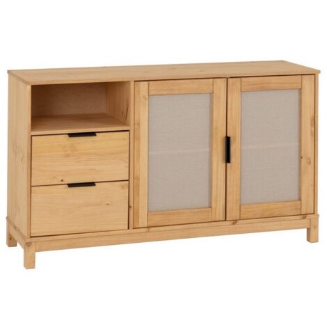 Corona Rattan 2 Door 2 Drawer Sideboard - L40 x W136.5 x H80.5 cm - Distressed Wax Pine/Rattan Effect