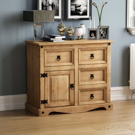 HOME DISCOUNT Corona Solid Pine Sideboard 1 Door 3 Drawer Cabinet Cupboard Storage