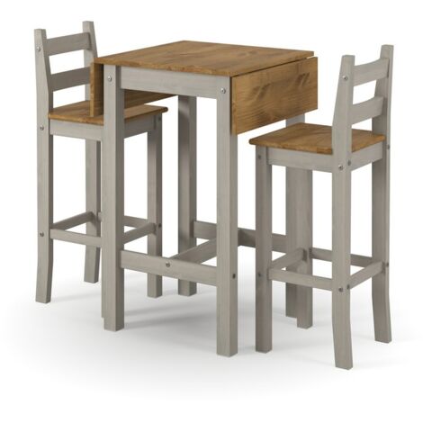 Corona Square High Breakfast Bar Drop Leaf Table and Bar Chair Set - Pine - L60 x W100 x H100 cm - Grey/Antique Waxed Pine - Flat Packed