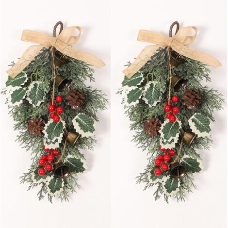 coronas navideñas para puerta principal, corona navideña para puerta - adornos de campana navideña, coronas de lágrima de invierno, decoración de pajarita con racimo de bayas rojas, 40 cm/15,7 pulgada