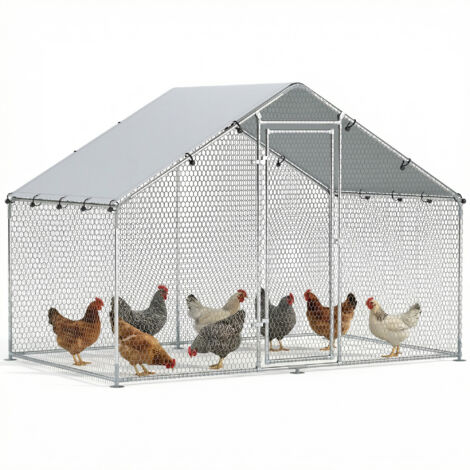 Corral para Gallinas Gallinero Metálico Grande de 3x1,7x1,9 m con Cubierta Impermeable y Anti-UV Plata