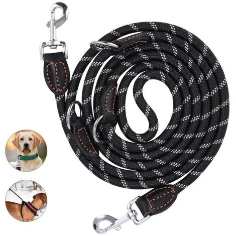 Correa ajustable para perros, fabricada en nailon doble, con 2 bucles y 3 anillas, correa ajustable de 3 metros, correa multifuncional para perros, color negro.