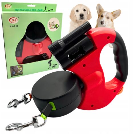 Correa automática doble 3M para dos perros con linterna y cinta resistente