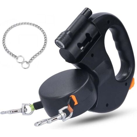 Correa doble para 2 perros, correa retráctil para perros de hasta 25 kg/55 lb, correa de nailon resistente que se estira hasta 3 m, con costuras reflectantes brillantes, viene con una correa de metal 
