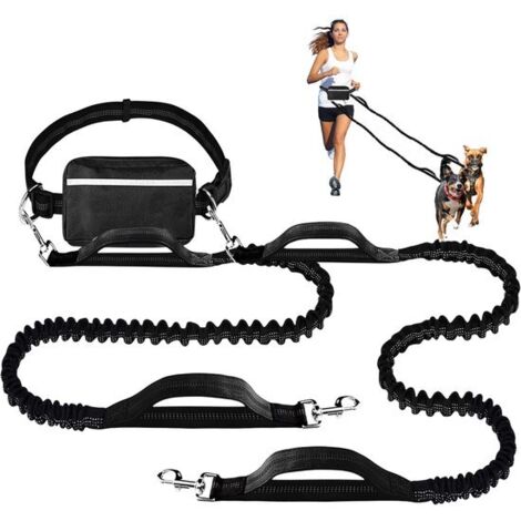 Correa doble para perros con cinta abdominal, que permite pasear a dos perros a la vez y tener las manos libres. Incluye un bolsillo con cremallera y es ideal para correr. Disponible en negro y dorado