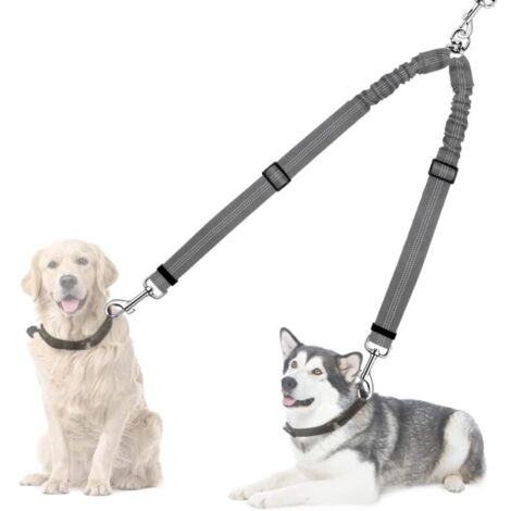 Correa doble para perros, correa reflectante giratoria de 360°, longitud ajustable, correa doble para perros, gris
