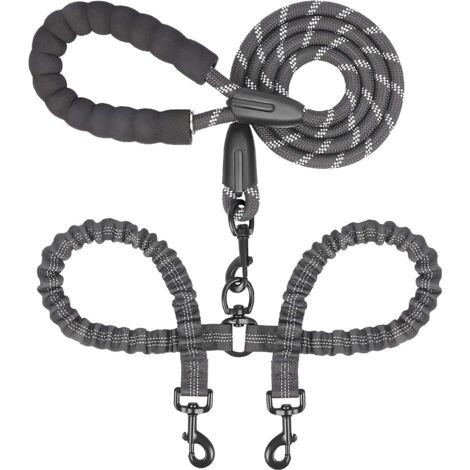 Correa doble para perros, nailon, giratoria 360°, color negro