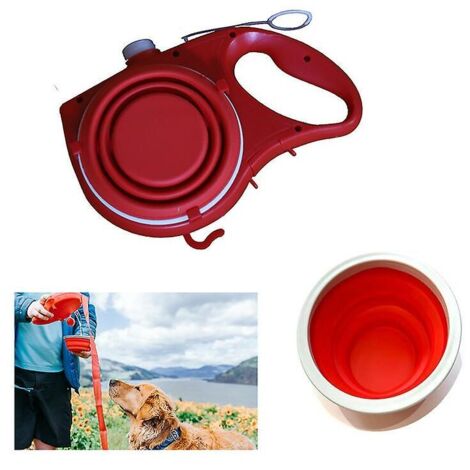 Correa multifuncional para perros con dispensador de bolsas de basura integrado en un recipiente para botellas de agua, color rojo