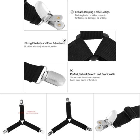 Correa triangular ajustable para colchón con hebillas de acero inoxidable - juego de 4 (negra)