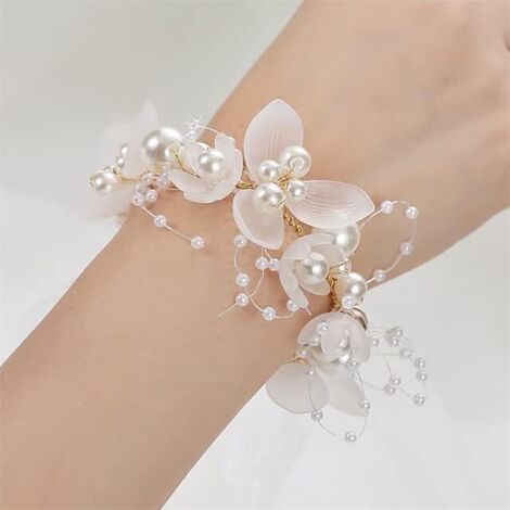 Corset bracelet en perles et cristaux (blanc) 2 pièces, idéal pour demoiselles d'honneur, enfants, bouquets de fleurs, mariage, mariée